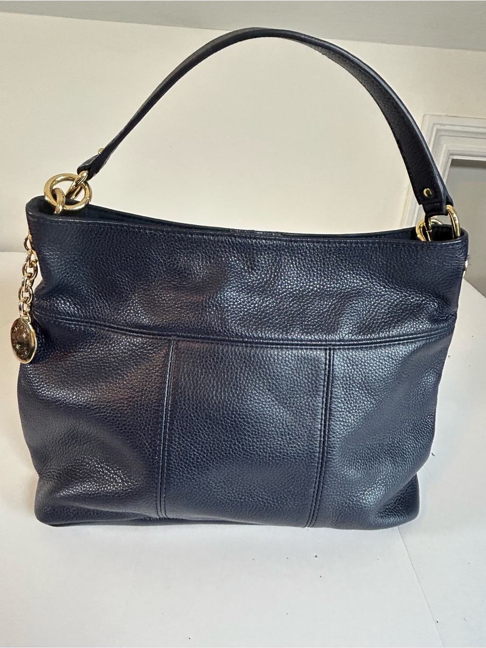 NWT Tommy Hilfiger Genuine Navy Leather Shoulder Bag with Gold-Tone Hardware